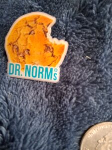 Dr. Norms'  round orange colored pin